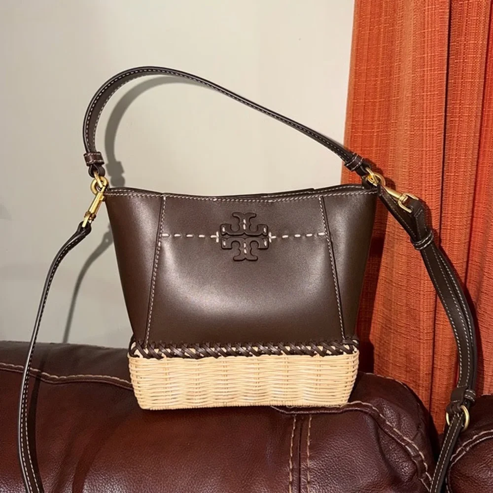 ‼️Tory Burch McGraw Small Wicker Brown Leather Bucket Bag Crossbody Bag